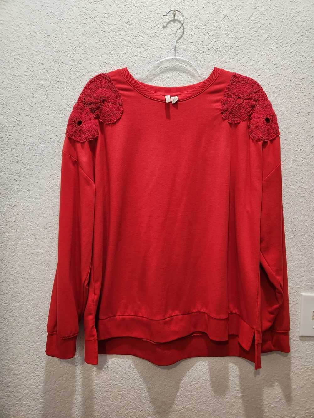 Cato Coral-Red Crewneck Sweater with Crochet Shoulder Accents